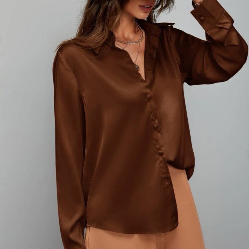 Boho brown button down satin top